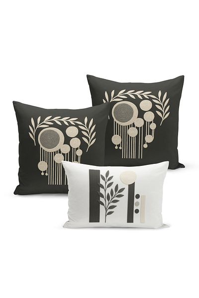 Bertille Home Set de 3 huse de pernă cu imprimare digitală pe două părți (aspect de broderie cu model de puncție)