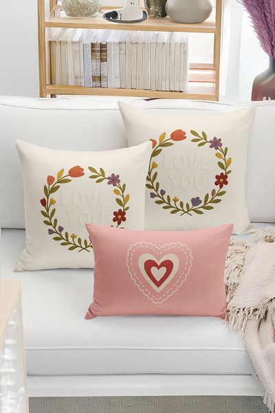 Bertille Home Set de 3 huse de pernă cu imprimare digitală pe două părți (aspect de broderie cu model de puncție)