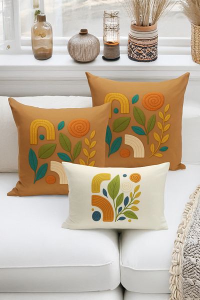 Bertille Home Set de 3 huse de pernă cu imprimare digitală pe două părți (aspect de broderie cu model de puncție)