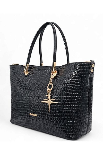Evident Black Patent Leather Printed Drop Patterned Classic Women's Hand and Long Strap Shoulder Bag with Charm
