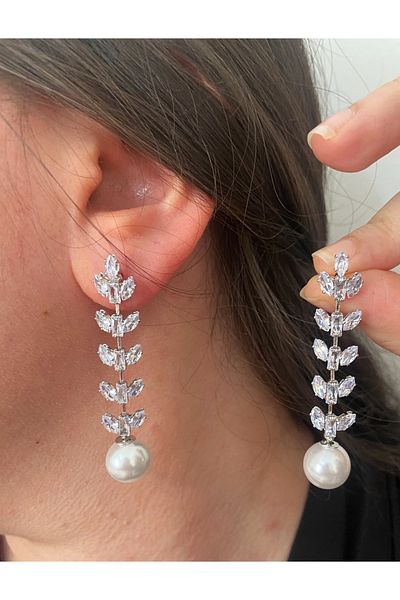 ER TAKI Stoned Silver Color Long Pearl Dangle Stylish Party Engagement Henna Wedding Wedding Evening Dress Earrings