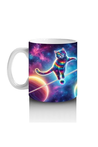 Luluyen Rainbow Cat Patterned Mug Cup Walking on a Rope in Space, Which Makes Children Love Milk