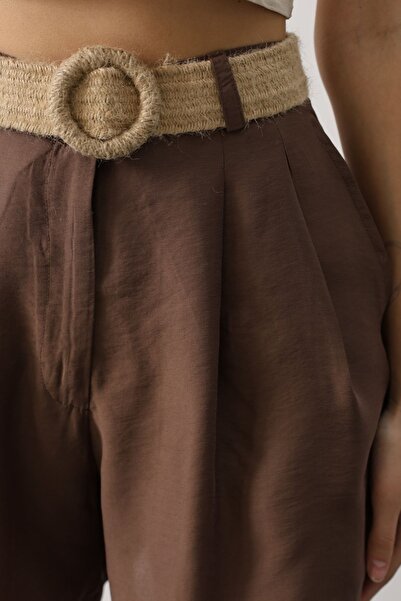 Byelmira Women's Straw Belted Thin Modal Shorts Brown