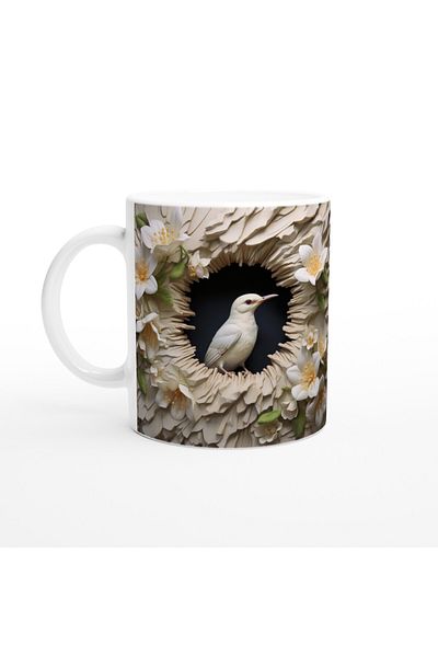 Luluyen White Albino Bird among Lilies Themed Printed Mug