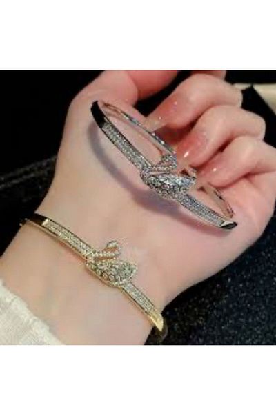 demirosa Women's Steel Silver Color Zircon Stone Design Cuff Bracelet