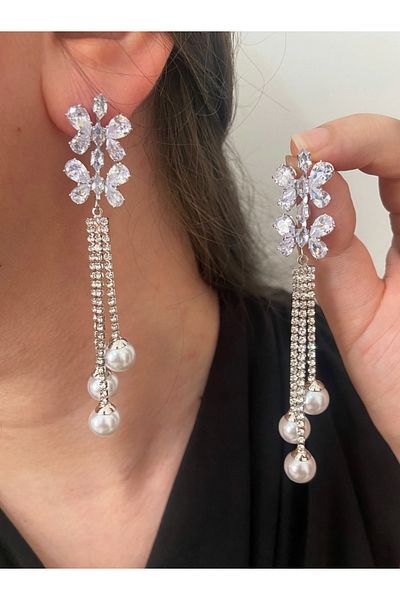 ER TAKI Silver Color with Stones Long Pearl Dangle Butterfly Stylish Party Engagement Henna Wedding Wedding Evening Dress Earrings