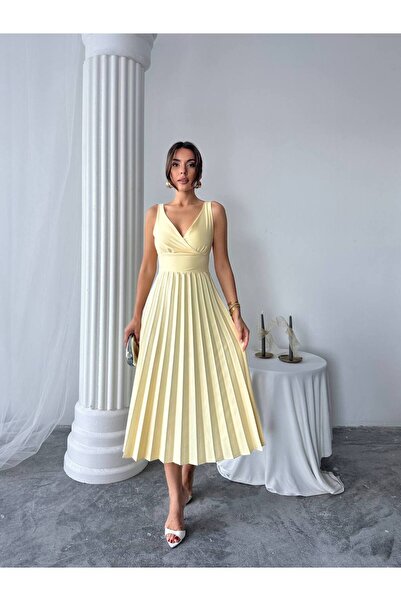 EtikaOnline Alyosa Pileli V Yaka Midi Elbise