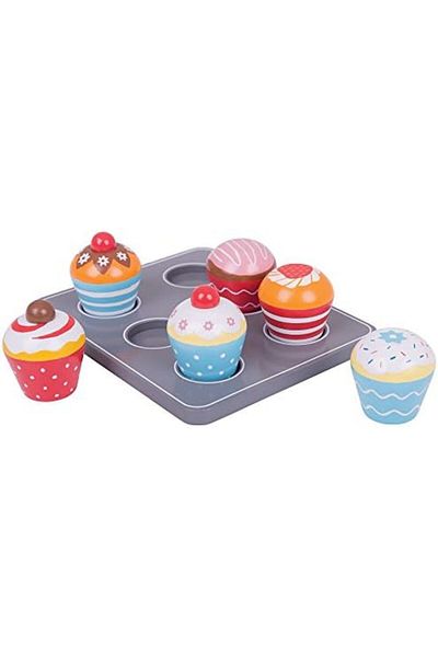BIGJIGS Toys Wood Cupcakes and Muffin Tray Play Food Toy 7 Pieces Set