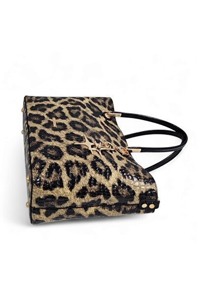 Evident Black Patent Leather Printed Leopard Patterned Classic Women's Hand and Long Strap Shoulder Bag with Charm