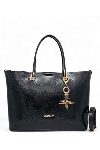 Evident Classic Women's Hand and Long Strap Shoulder Bag with Black Wrinkled Patent Leather Charm