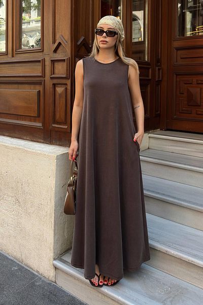 Swist Brown Pique Modal Crew Neck Pocket Casual Women's Midi Dress