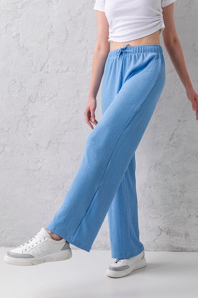 CNRCollection Women's Blue High Waist Elastic Waist Lace up Stretchy Wide Leg Palazzo Twist Women's Trousers