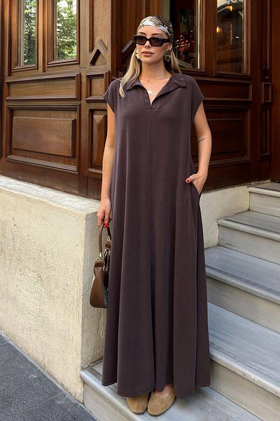 Swist Brown Lea Pola Collar Pique Modal Pocketed Casual Women's Midi Dress