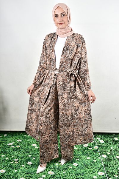 moda caddesi Ethnic Patterned Kimono Suit with Belt Detail