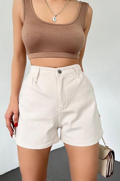 BRAXELL Double Pocket Pleated Mini Denim Shorts -Cream Cream-M