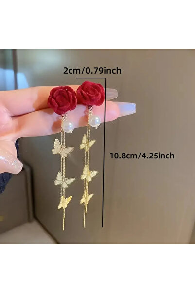 byozanyılmaz KELEBEK MÖTİFLİ İNCİLİ SALLANTILI GÜLLÜ KÜPE