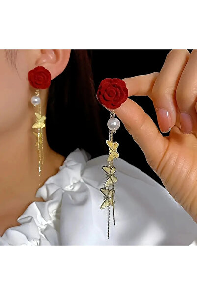 byozanyılmaz Butterfly Motif Pearl Pendant Rose Earrings