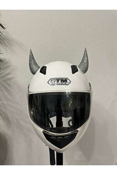 Butik Motor & Motosiklet Gümüş Hologram Simli Şeytan Boynuzu Kask Dış Aksesuar
