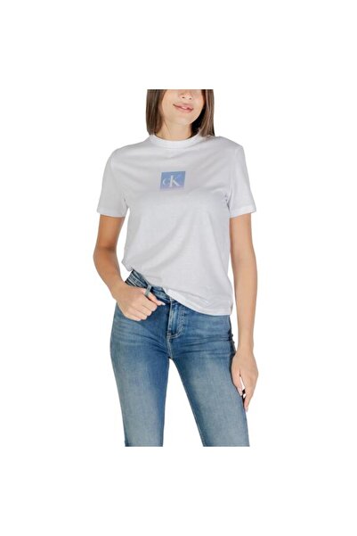 Calvin Klein Kadın Regular Fit CK Logo Baskılı Yuvarlak Yakalı %100 Pamuklu K...