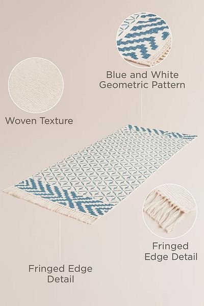 MARIA HOMES Boho Cotton Runner Rug with Blue Geometric Pattern and Fringe –size 90x200 cm