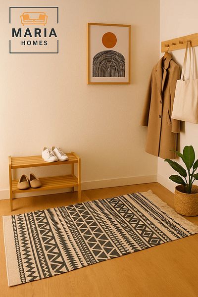 MARIA HOMES Boho Tribal Cotton Runner Rug with Fringes – Black & Cream, size 90*200 cm