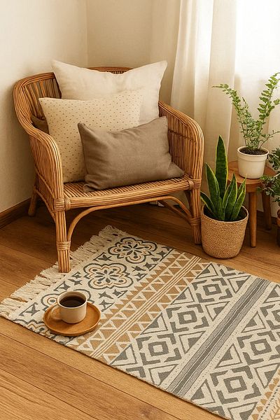MARIA HOMES Boho Cotton Accent Rug with Multicolor Tribal Pattern and Fringe –size 60*80 cm