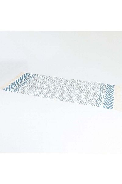 MARIA HOMES Boho Cotton Runner Rug with Blue Geometric Pattern and Fringe –size 90x200 cm