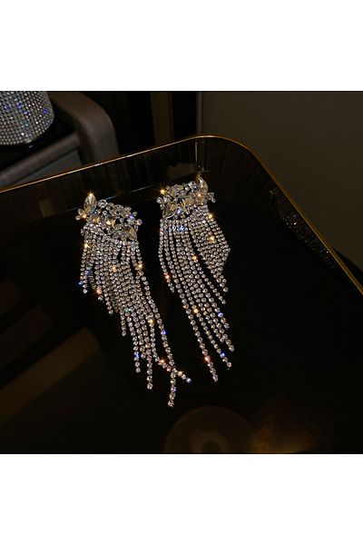 Choice HE6704-1 Geometric Long Tassel Crystal Drop Earrings for Women 2023 Silver Gold Color Rhinestone Ear