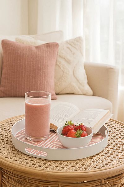 MARIA HOMES Round Plastic Serving Tray with Pink Abstract Line Pattern and Cutout Handles