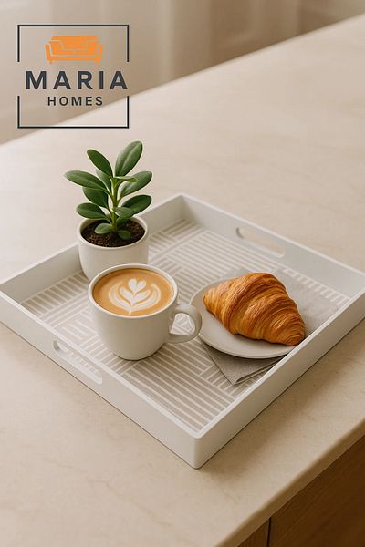 MARIA HOMES Square Plastic Serving Tray with Neutral Linear Block Pattern – White Frame