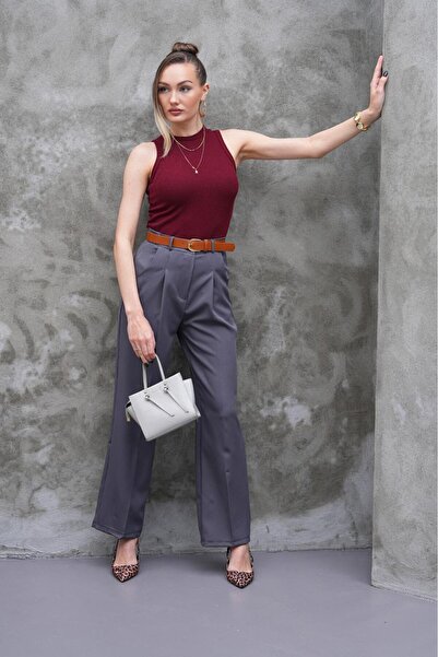 LAVA FASHION Women's High Waist Loose Wide Leg Belt Pleated Woven Fabric Palazzo Pants