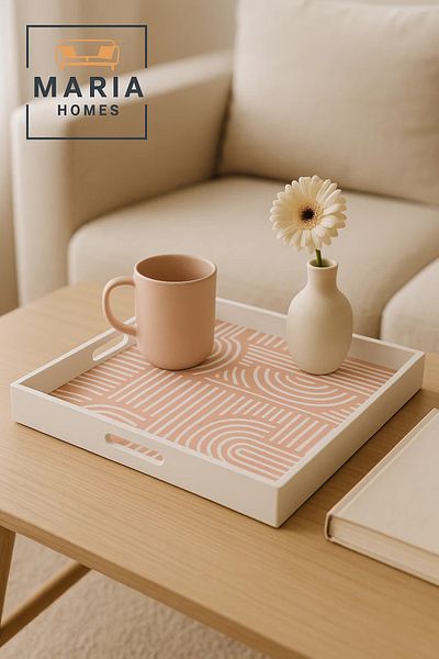 MARIA HOMES Square Serving Tray with Pink Geometric Print –size 35*35cm White Frame and Cutout Handles