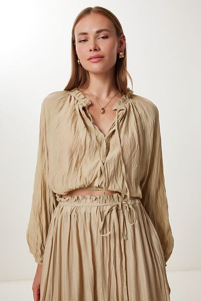 Lovelyİstanbul Crinkle Effect Blouse Skirt Woven Suit Ldp0065 Olive Green