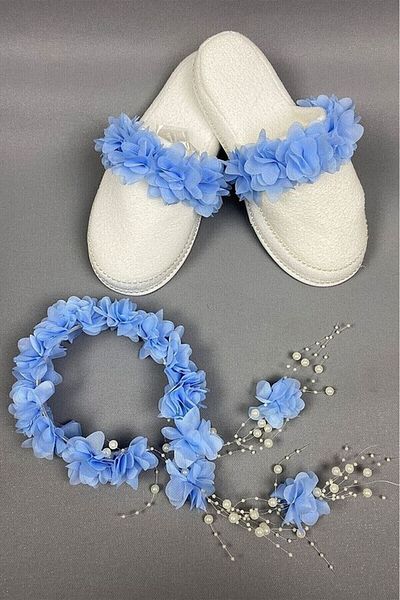 Fiyonks Atölye Baby Blue Laser Floral Pearl Crown and Maternity Slippers Set, Women's Maternity Set