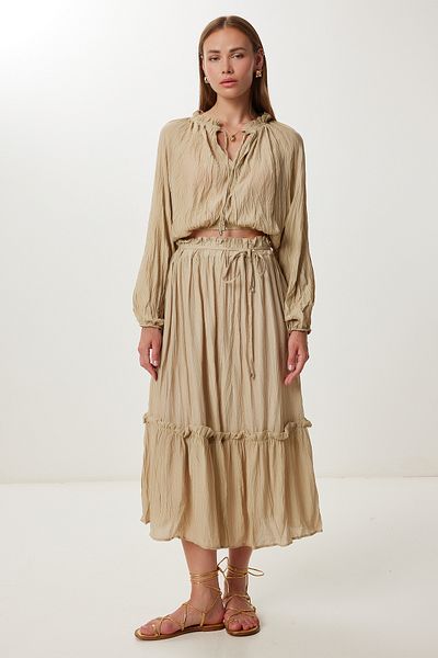 Lovelyİstanbul Crinkle Effect Blouse Skirt Woven Suit Ldp0065 Olive Green