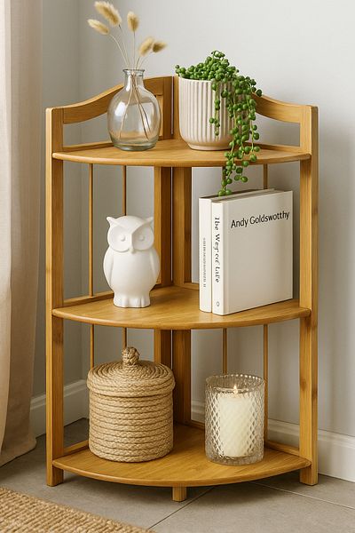 Living 3-Tier Wooden Corner Shelf – Decorative and Functional