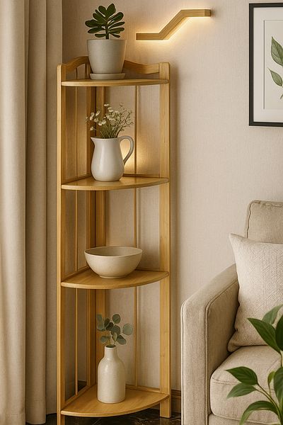 Living 4-Tier Wooden Corner Shelf – Compact and Multi-Purpose