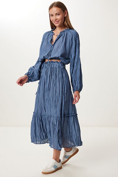 Lovelyİstanbul Crinkle Effect Blouse Skirt Woven Suit Ldp0065 Indigo Blue
