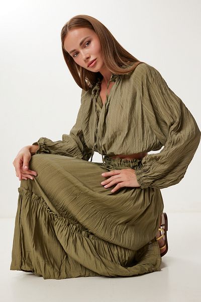 Lovelyİstanbul Crinkle Effect Blouse Skirt Woven Suit Ldp0065 Khaki