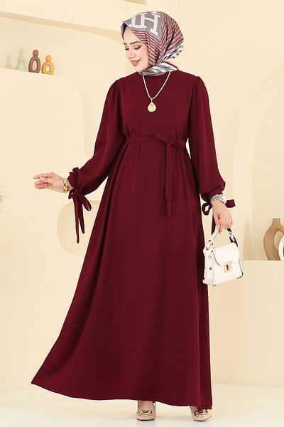 ModaMerve Φόρεμα κρεπ με ζώνη μέσης 7121BGS895-M Claret Red