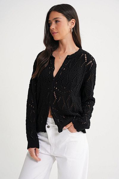 Mixray 6934 Women's Diamond Patterned Seasonal Openwork Cardigan Black