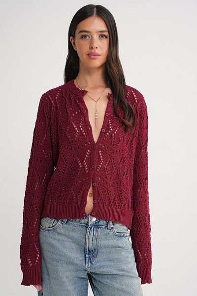 Mixray 6934 Women's Diamond Patterned Seasonal Openwork Cardigan Claret Red
