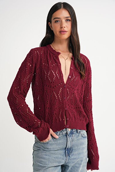 Mixray 6934 Women's Diamond Patterned Seasonal Openwork Cardigan Claret Red