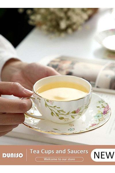 fun zone DUNISO Ceramic Tea Cups and Saucers, Glazed Tea Mugs, Latte Cups and Espresso Mug for Coffee Drinks