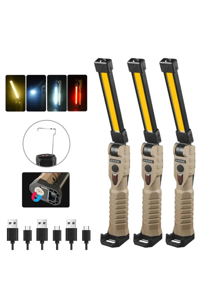 XIWANGFIRE مصباح يدوي LED محمول قابل للطي من كاكي مكون من 3 قطع بمغناطيس قوي ومصباح COB يعمل من النوع C قابل لإعادة الشحن في حالات الطوارئ