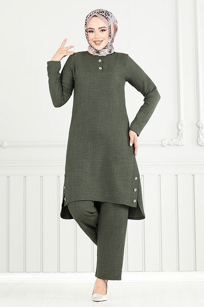 ModaMerve Button Detail Slit Suit 3130Hbs932-M Khaki