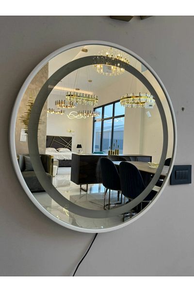 LUXXO Oglinda cu iluminare LED, intrerupator touch, rotunda, cadru alb, auto-stingere, diametru 70cm
