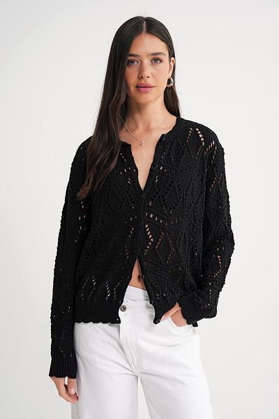 Mixray 6934 Women's Diamond Patterned Seasonal Openwork Cardigan Black