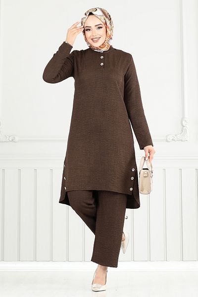 ModaMerve Button Detail Slit Suit 3130Hbs932-M Brown