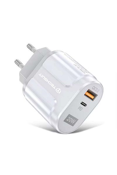 Techsuit Charger USB-A, QC 3.0, USB-C, 20W - Premium (CHPD038) - White